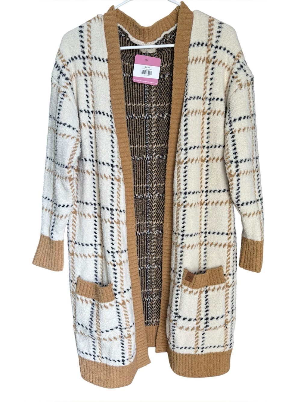NWT Simply Southern Cozy Plaid Open-Front Cardigan‎ Cream Brown Black Size M